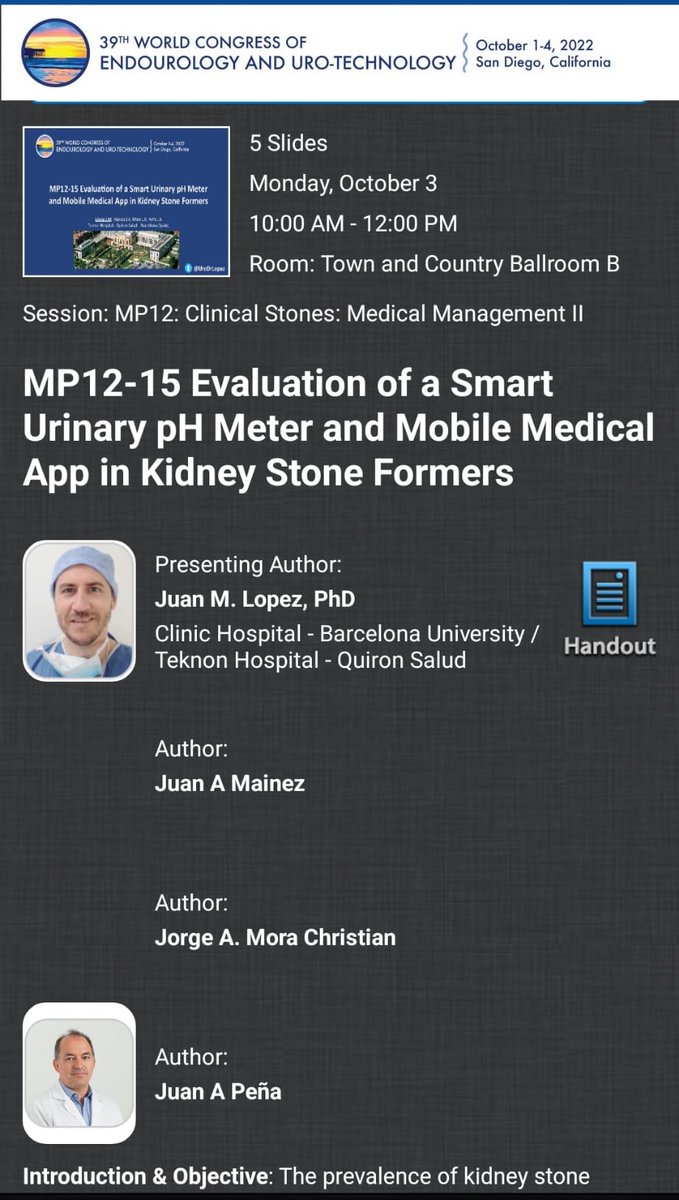 🗣️<a href="/UroDrLopez/">Juan M López Martínez</a> ha presentado en el CONGRESO MUNDIAL DE ENDOUROLOGIA EN SAN DIEGO (USA) el poster sobre “Evaluation of Lit-Control pH Meter in combination with myLit-Control App for the management of Stone-former patients” 

Congratulations Doc!!👏🏼
#WCET2022