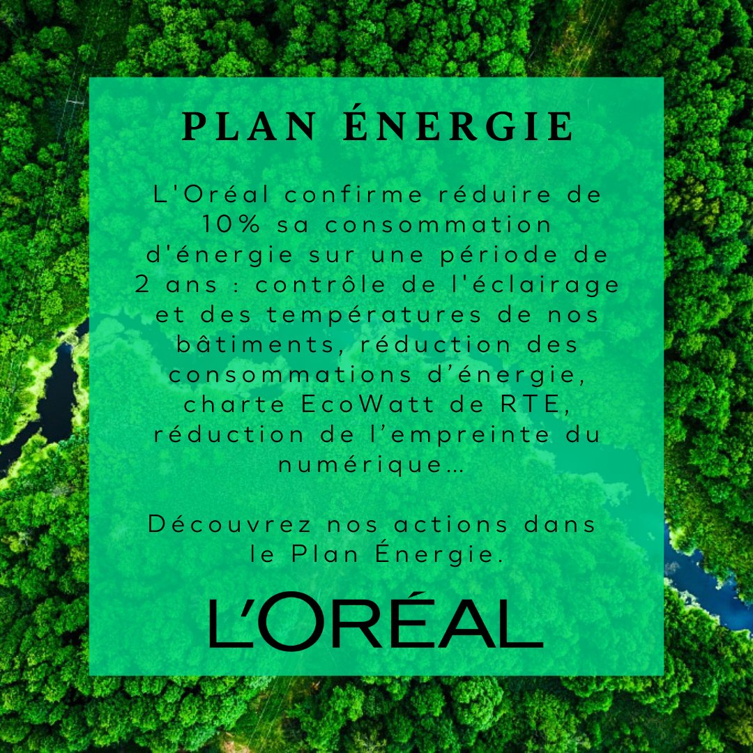 Face aux enjeux climatiques et énergétiques, L'Oréal confirme réduire de 10 % sa consommation d'énergie sur 2 ans : contrôle de l'éclairage et des températures des bâtiments, réduction des consommations d’énergie, charte EcoWatt…

Plan Énergie 👉 bit.ly/3M3huYO