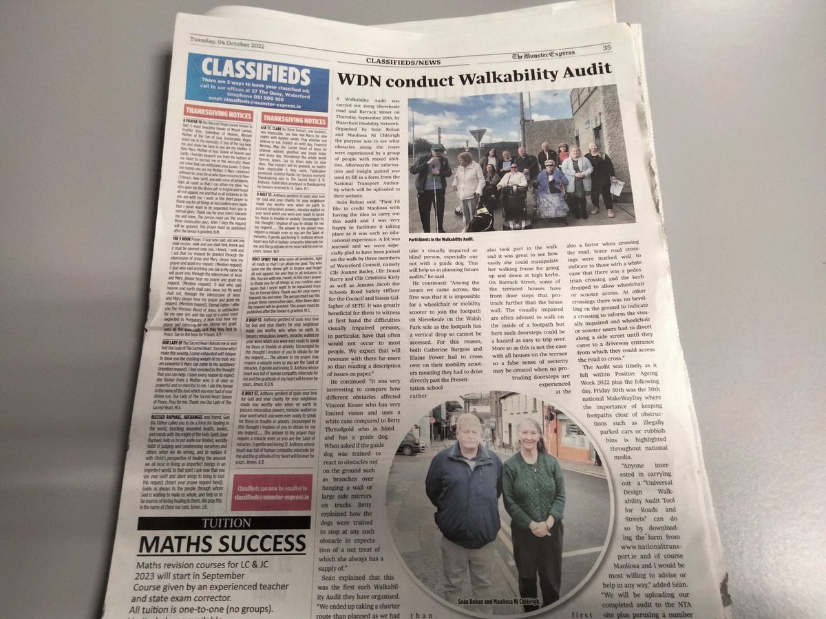 SeanRohan32's tweet photo. Good coverage in this week's @munsterexpress of the #WalkabilityAudit we held in #Waterford City last Thursday. Will be doing a lot of follow up work on this. @sugallagher2 @ofaolainC @Cristiona_Kiely @WaterfordDN @WaterfordCounci #wheelchair #access https://t.co/a9iSGhEYkn