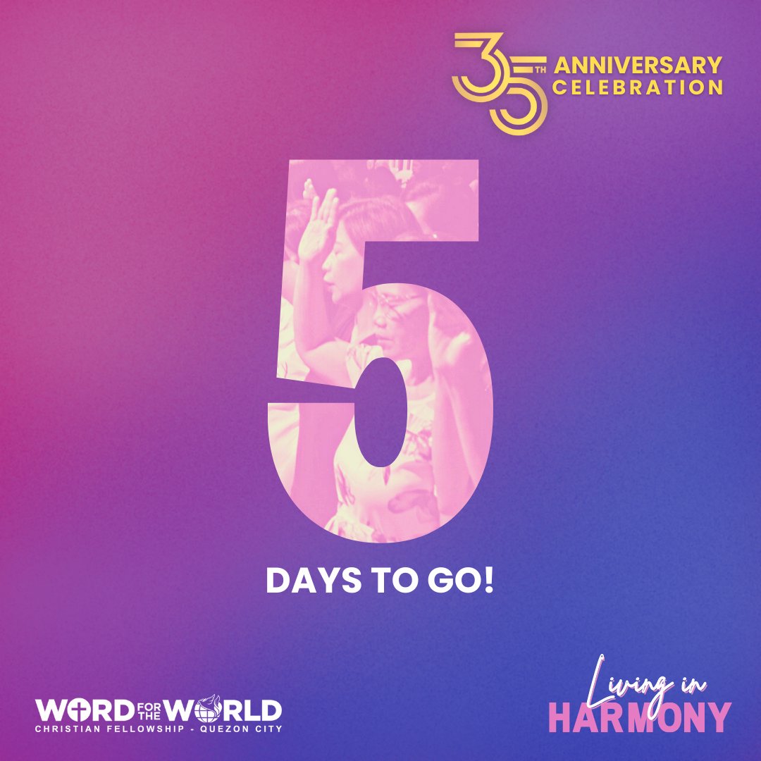 WWCFqc's tweet photo. The countdown is on to our church's 35th anniversary celebration! Only 5 days left until the big day! We can't wait to see you there! #happy35thwwcfqc https://t.co/IwcTKH34Du