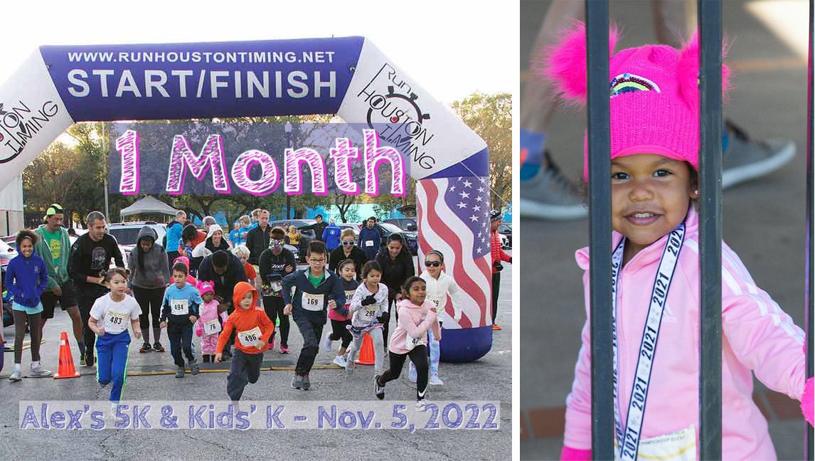 Alex's 5k &amp; Kids' K is only 1 month away! Price Increase on October 9th!

 Our 5k is terrific, but our Kids' K is AWESOME!
Finisher medals for everyone
Special prizes for fastest boy and girl
Post-race kids’ activities
Guaranteed fun for all!

runsignup.com/Race/TX/Housto…

#runhou