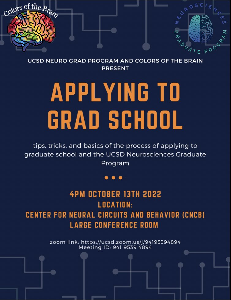 Are you applying to graduate research programs 🎓? Let us walk you through the @UCSDNeuro Neuroscience PhD application 🧠! Our hybrid event will be hosted by current grad student's familiar with how graduate applications are reviewed, this Oct 13th @ 4 PM (PST), open to all!