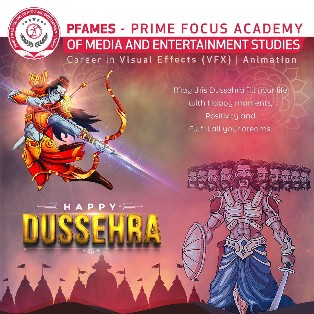 PfamesAcademy's tweet photo. On the auspicious day of Dussehra, may the eternal light of victory illuminate our lives. A very happy & prosperous Dussehra from Prime Focus Academy of Media and Entertainment Studies (#PFAMES).
#Dussehra #happydussehra2022 #Dussehra2022 #RavanDahan https://t.co/hePiYEKci9