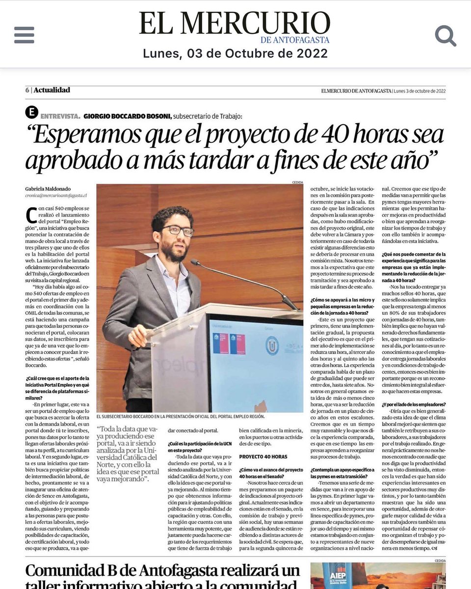 Les compartimos a continuación algunas de las notas publicadas en prensa, acerca de la inauguración del portal Empleo Región 🙌🏻 plataforma que se encuentra habilitada desde el pasado jueves 29 de septiembre 👏🏻 Ingresa, regístrate y postula en empleoregion.cl ‼️