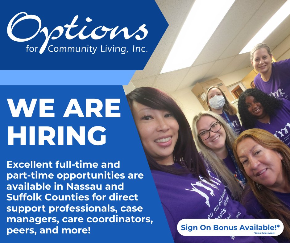 OPTIONS4CL's tweet photo. Options for Community Living, Inc. prides itself on maintaining a professional staff, committed to enriching the lives of our program participants.

For more information, call 631-361-9020 x.1222 or send your resume to jobs@optionscl.org. Options is an equal opportunity employer. https://t.co/iT7VPe7BRV