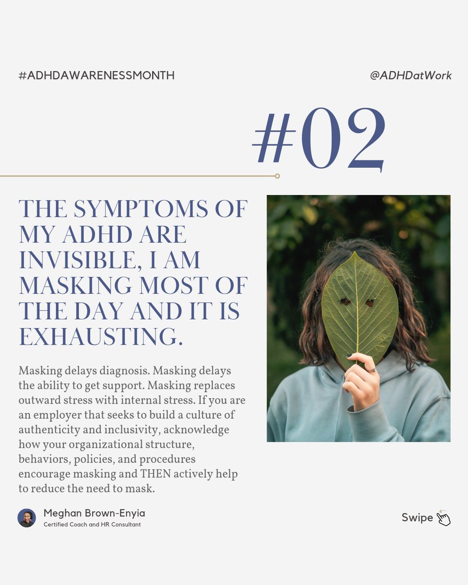 adhdatwork's tweet photo. 4 things I wish Employers knew about #ADHD. 2. The symptoms of my ADHD are invisible, I am masking most of the day and it is EXHAUSTING. #adhdawarenessmonth #adhdatwork #adhdtwitter #askadhd #inclusiveworkenvironments #DEI https://t.co/BjFxPQ58Fo