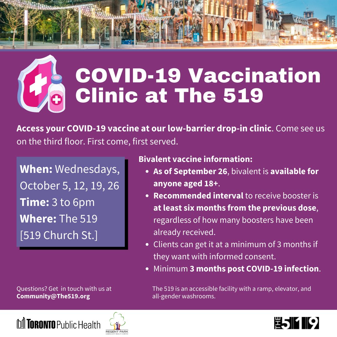 COVID-19 Vaccination Clinic at The 519
#Tomorrow, Wednesday, October 5
Other dates: Wednesdays, October 12, 19, 26
Time: 3 to 6pm
Where: The 519 [519 Church St.] 
Questions? Get in touch with us at Community@The519.org.
#COVID19 #Vaccine #Clinic #2SLGBTQ #Community