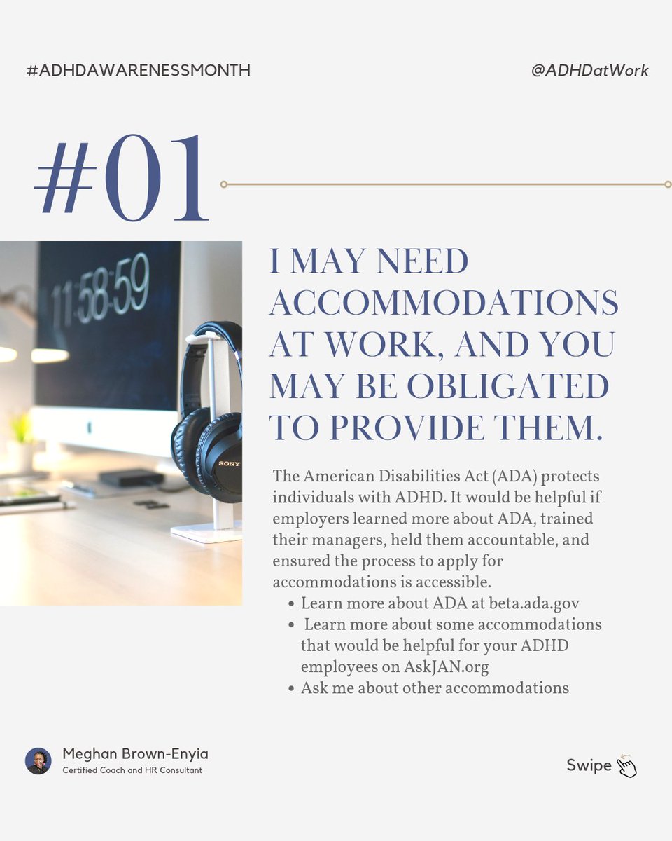 adhdatwork's tweet photo. 4 things I wish Employers knew about #ADHD. 1. I may need accommodations at work, and you may be obligated to provide them. #adhdawarenessmonth #adhdatwork #adhdtwitter #askadhd #inclusiveworkenvironments #DEI https://t.co/xUW75oOTdo