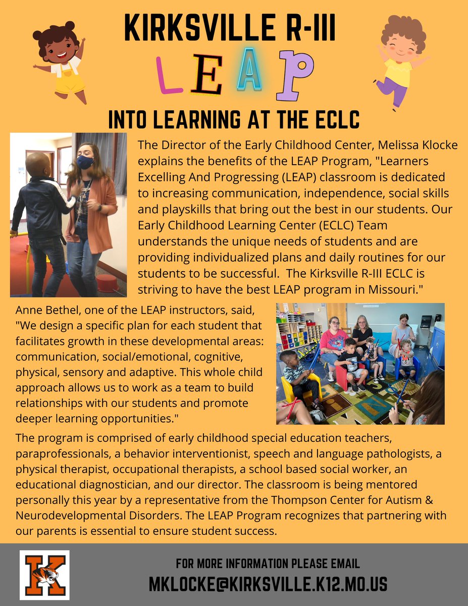 KVRIIITigers's tweet photo. Have you heard about our LEAP program at the ECLC? Did you know the Thompson Center for Autism and Neurodevelopmental Disorders mentors this program right here in Kirksville? #kvtigers #kvproud https://t.co/fPdW2TbXdn