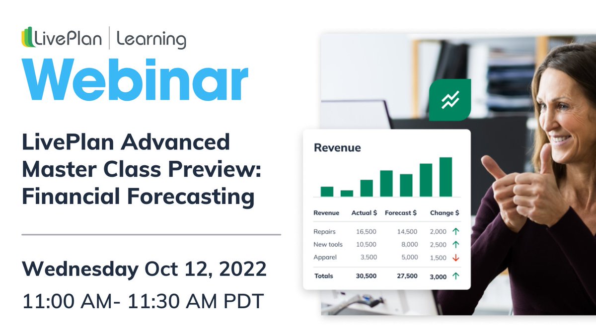 📣Thinking about attending our #Financial #Forecasting Master Class on November 3rd? Join NEXT WEEK, 10/12 for a 30-minute webinar to learn more about #LivePlan’s upcoming training opportunity! Register here 👉🏻
bit.ly/3EkDLQ6
#liveplanmasterclass #advisor #CFO #CEO