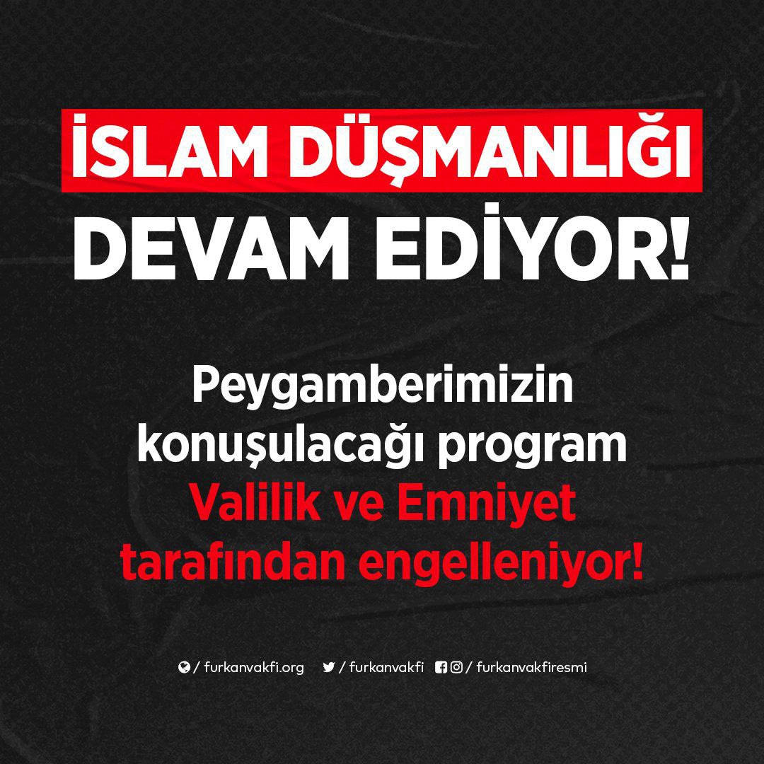 ihsandln's tweet photo. Peygamberimizin anlatılacağı programın hukuksuzca yasaklanmasından açıkça anlaşılıyor ki, asıl rahatsız oldukları peygamberi mücadeledir.

Bu peygarimize ve müslümanlara düpedüz ihanettir.

İslamiPrograma ValilikEngeli https://t.co/yvI5EX3oZY