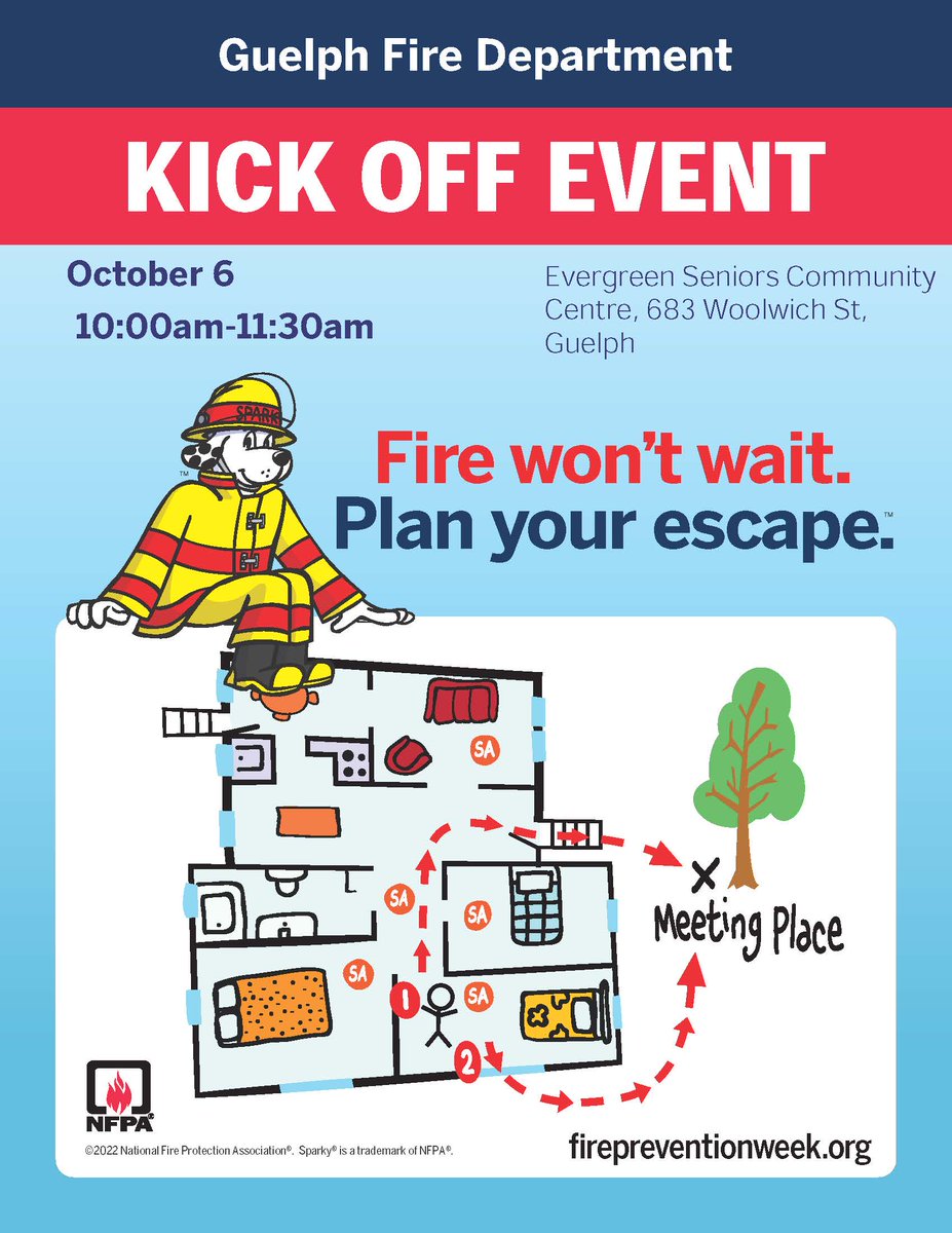GuelphFire's tweet photo. Join us on October 6th for the Fire Prevention Week kick-off event at Evergreen Seniors Community Centre from 10-11:30 am. Get ready to learn about all things fire safety! #firepreventionweek @_Cooperators@LauraKingNFPA 
@DaveElloway @ryanschubert15 https://t.co/j6C1I6U4HE