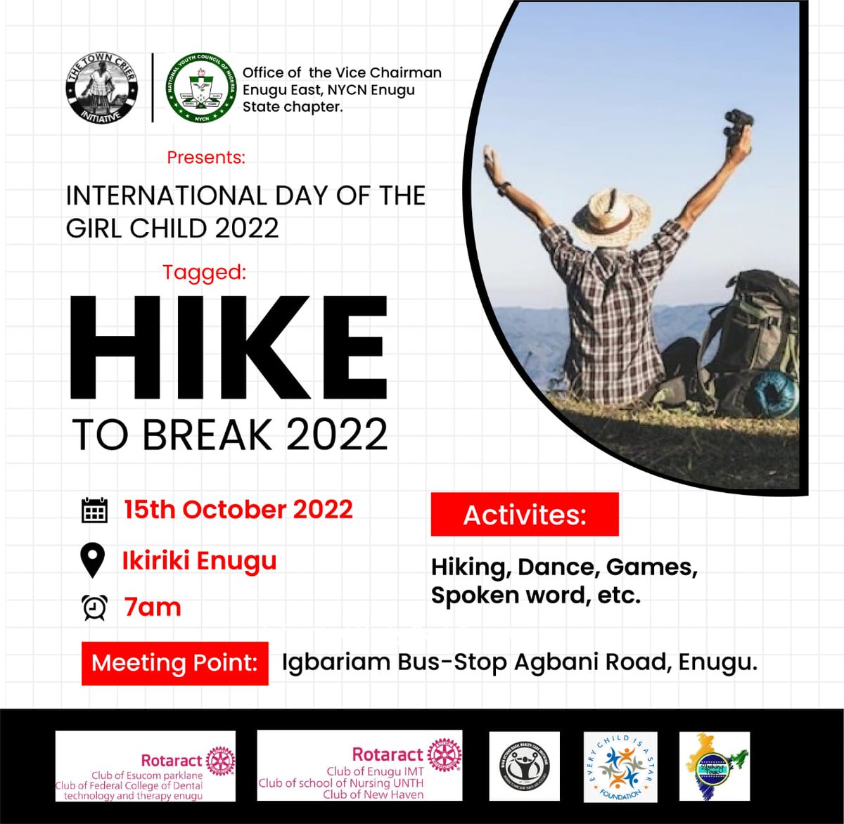 ogene_ogbodo's tweet photo. Reminder; 

October 11th is days away to the 2022 #DayoftheGirlChild

We are excited to be hosting two super activities: 

✔️ #Run2Break 
✔️ #Hike2Break 

aimed at using sports &amp; outdoor activities to engaging girls &amp; boys in breaking the silence surrounding menstruation 🩸 https://t.co/kCIF5QMb67