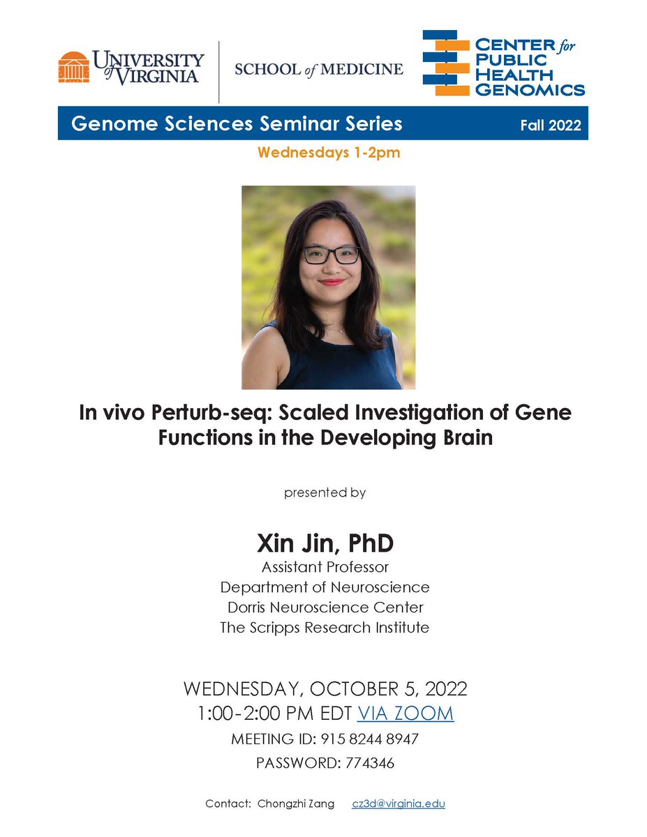 Please join us tomorrow, Wed, 10/5 at 1pm Eastern for a seminar presented by Dr Xin Jin, Scripps Institute in the <a href="/UVACPHG/">UVA CPHG</a> Genome Sciences Seminar Series <a href="/xinjin/">Xin Jin, PhD</a> #CPHGGS3 #GenomeSciencesSeminar