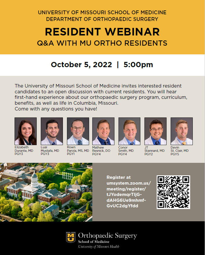 MizzouOrtho's tweet image. Attention all students interested in Orthopaedics-we will be hosting a free webinar and Q&amp;amp;A w/our residents tomorrow, Oct. 5 at 5 pm.  Sign up info below: