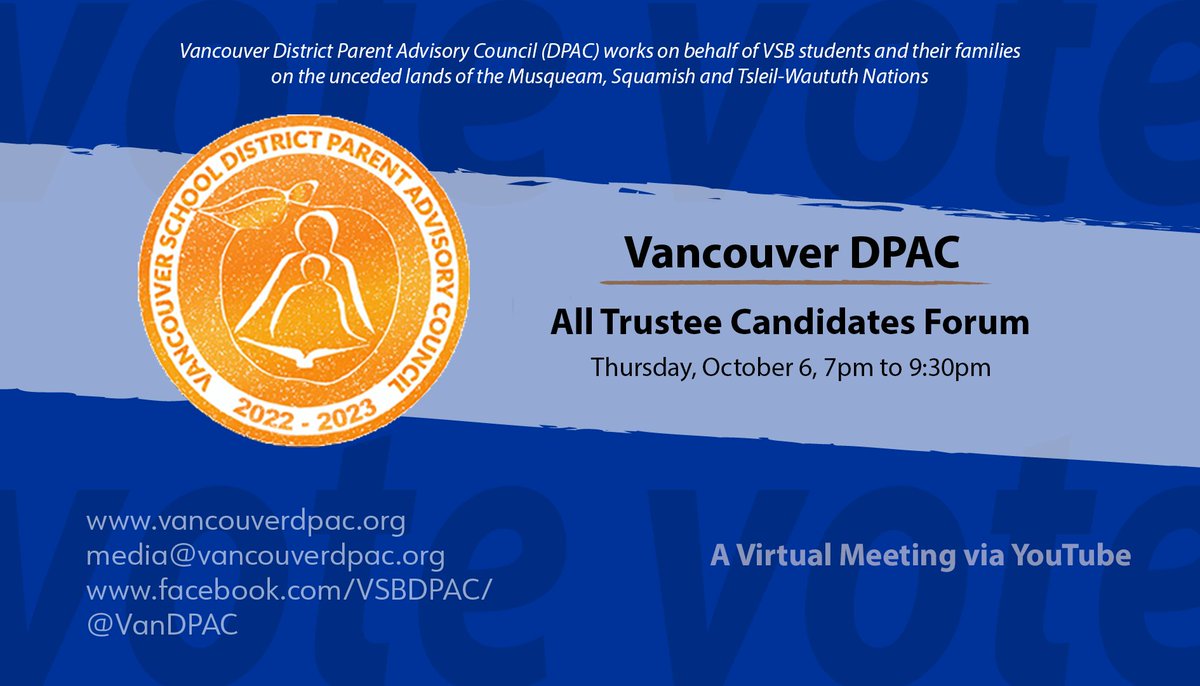 VanDPAC's tweet photo. Join Vancouver DPAC at an All Trustee Candidate Forum this Thursday night, October 6th at 7 pm. Livestreaming on YouTube.
https://t.co/B4gTxni9f6 https://t.co/SCgfBeQNdo