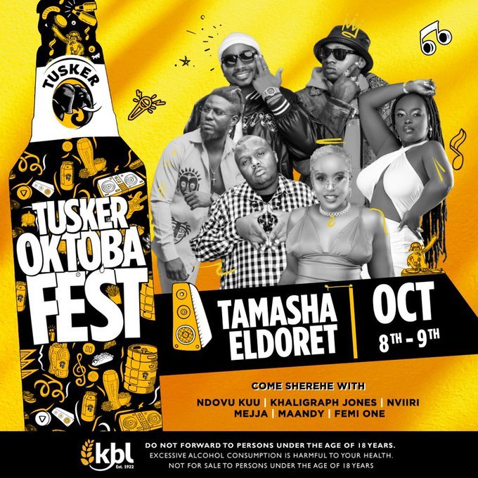 #TuskerOktobafest is going down at Tamasha Eldoret on 8-9 Oct. Tickets ni Ksh 1000 redeemable for 4 beers. Kuja nasi tukimwona khaligraph Jones pale stage.
<a href="/vin/">🌊</a> <a href="/allan/">Allan</a>
<a href="/VKaris254/">Victor kariuki</a> Grab a cold Tusker and get ready to #CheerToTheNext100 
#DrinkBetterNotMore
#TuskerAt100
<a href="/TuskerLager/">Tusker Kenya</a>