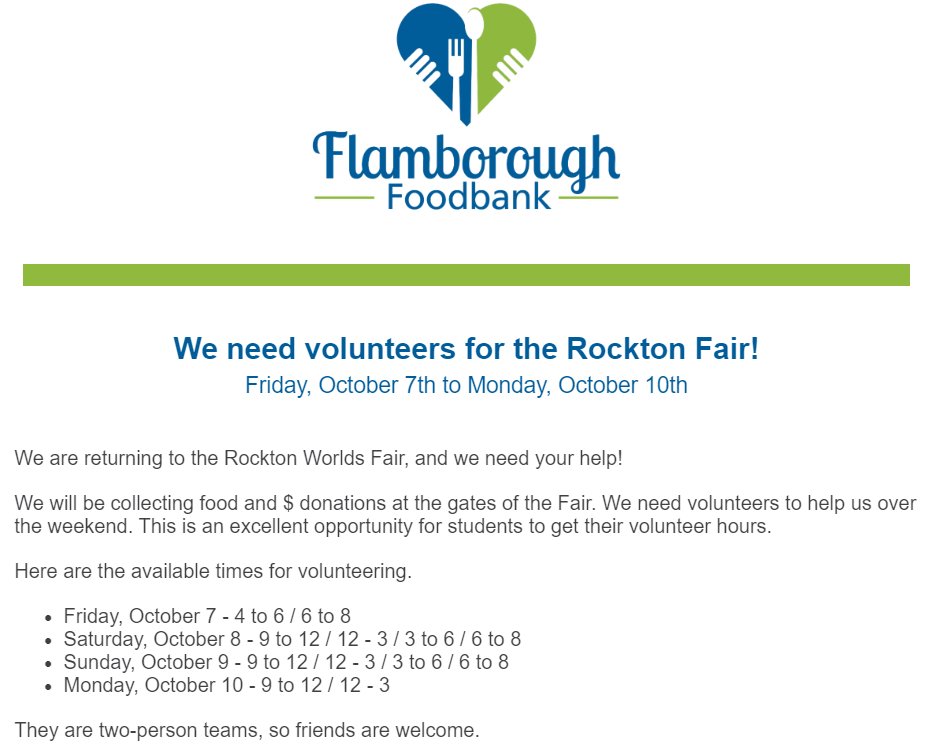 The Flamborough Food Bank is looking for volunteers this weekend at the @rocktonfair If you can help contact flamborough1@hotmail.com