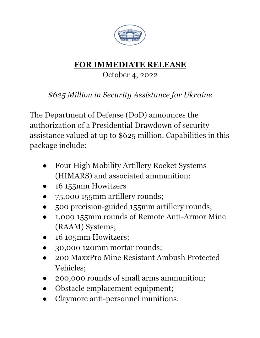 SecDefAustin's tweet photo. The security assistance to Ukraine 🇺🇦 continues. 

Today’s package is tailored to meet Ukraine’s immediate needs, providing more of the systems and equipment the Ukrainians have been using so effectively on the battlefield. https://t.co/crG5BjwDgp
