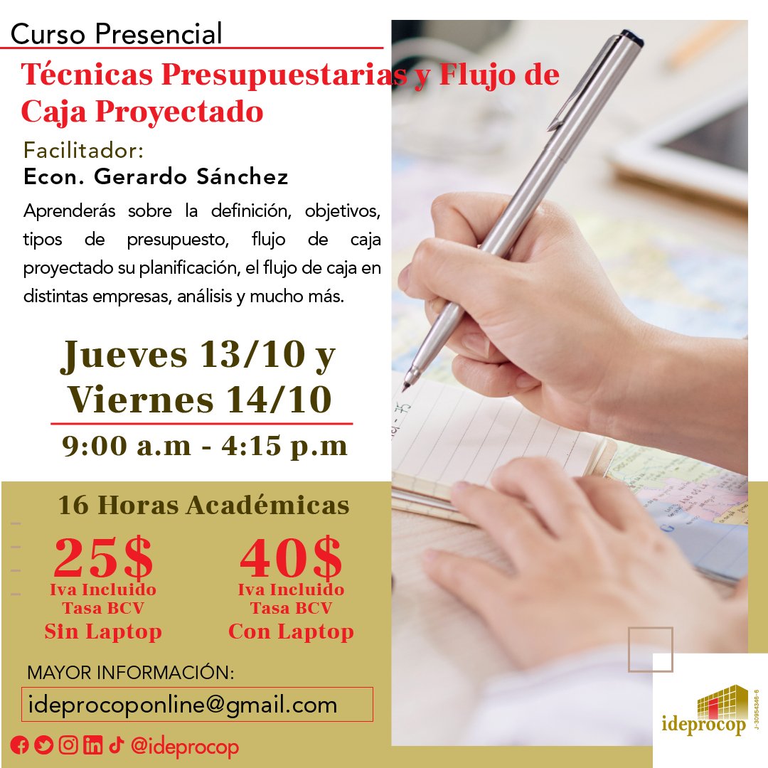 Ideprocop's tweet photo. CURSOS DISPONIBLES PARA EL 13 DE OCTUBRE ‼
▶Cómo Enfrentar una Fiscalización
▶Técnicas Presupuestarias y Flujo de Caja Proyectado
📜 Se otorga certificado digital
📥 Inscripciones al correo ideprocoponline@gmail.com
#fiscalizacion #presupuesto #FlujodeCaja #ideprocop https://t.co/7msBOTK1gP