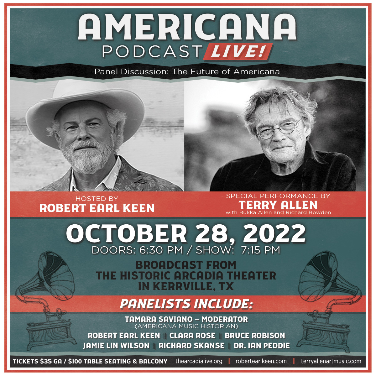 October 28th Americana Podcast LIVE from <a href="/thearcadialive/">Arcadia Live</a> discussing the future of Americana music with special performance by Terry Allen! Panelists include: Tamara Saviano, <a href="/brucerobison/">Bruce Robison</a>, <a href="/jamielinwilson/">Jamie Lin Wilson</a>, <a href="/rskanse/">Richard Skanse</a> , and Dr. Ian Peddie. TICKETS - robertearlkeen.com/tour