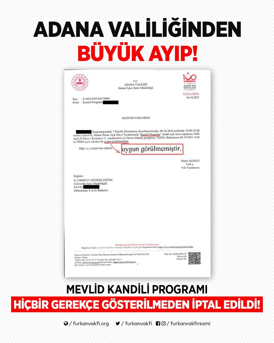 ADANA VALİLİĞİNDEN BÜYÜK AYIP!

MEVLİD KANDİLİ PROGRAMI HİÇBİR GEREKÇE GÖSTERİLMEDEN İPTAL EDİLDİ!

Furkan Hareketi mensupları olarak 8 Ekim Cumartesi günü Adana Mimar Sinan Açık Hava Tiyatrosu'nda Mevlid kandili olması münasebetiyle ++

İslamiPrograma ValilikEngeli