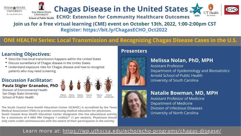 Join us for our next #ECHO session in our #OneHealth series on #Chagas disease featuring Dr. Melissa Nolan and Dr Natalie Bowman! Oct 13 at 1pmCST. Register here: echo.zoom.us/meeting/regist… @CDCGlobal @ReACHCntr @sdsuhealth @USChagasNetwork @ChagasBoston @TXST_SOHA @TXST_CLS