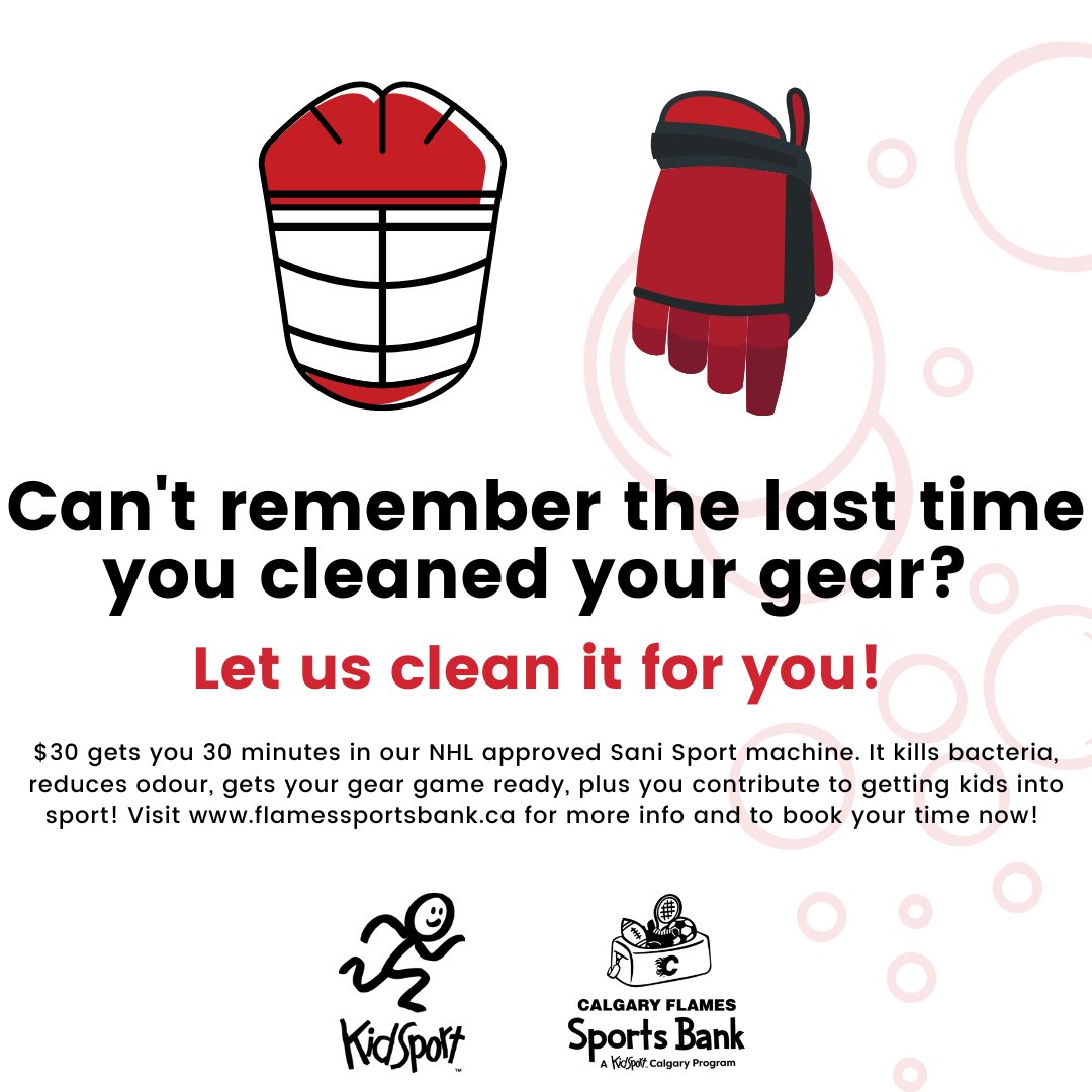 FlamesSportBank's tweet photo. Looking for a fall freshen up? Get your gear sanitized and game ready! Get your gear cleaned AND help local kids get #BackToSport! $30 gets you a 30-minute cleaning session. Learn more or book an appointment at https://t.co/w5onJs0WFv #GettingKidsInGear 🧼 https://t.co/9aOW8CYFrc