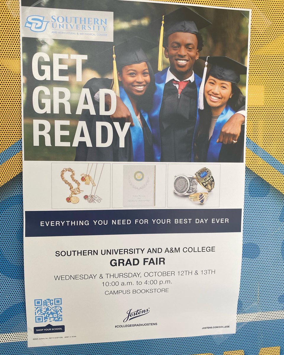 ATTENTION all 2022 graduates! Grad Fair for Fall 2022 is approaching soon! October 12th-13th you all will be able to come in &amp; purchase cap/gowns, stoles, &amp; take yearbook pictures in the store. See you there!💙💛

#subr #geauxjags #southernuniversity