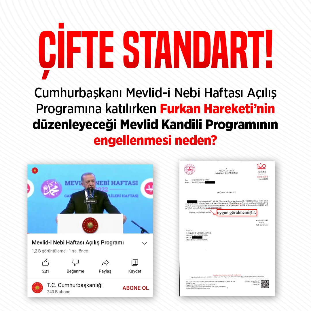 ÇİFTE STANDART ❗

Cumhurbaşkanı Mevlid-i Nebi Haftası Açılış Programına katılırken Furkan Hareketi'nin düzenleyeceği Mevlid Kandili Programının engellenmesi neden? 

İslamiPrograma ValilikEngeli 
#FurkanaSistematikZulüm