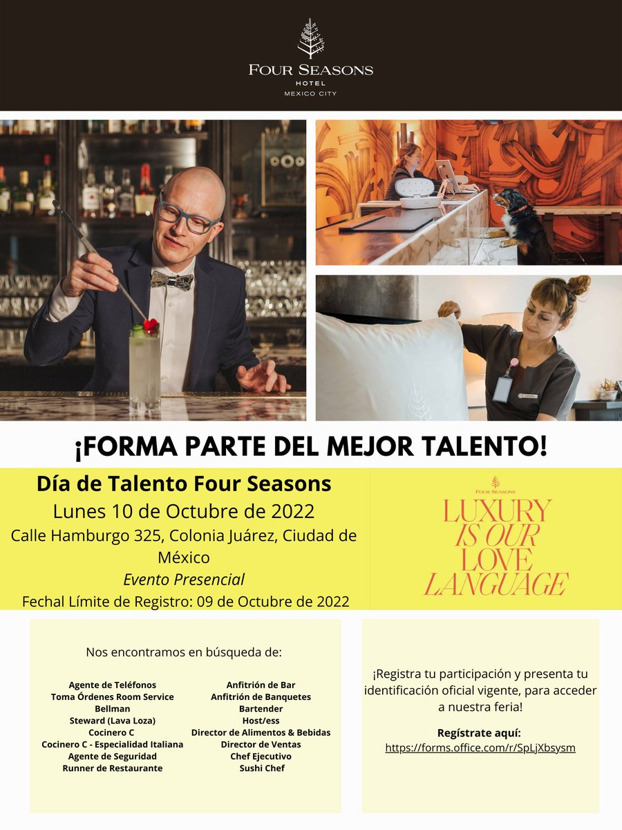 GasTurAnahuacMx's tweet photo. #AVISO Día de Talento Four Seasons: 10 de octubre. Registra tu asistencia aquí: https://t.co/kWnf7xqMKO
#WeAreFourSeasons #FSMexico #Vacantes #Empleo #MexicoCity #CDMX @FSMexico https://t.co/6YraaWx7Wa