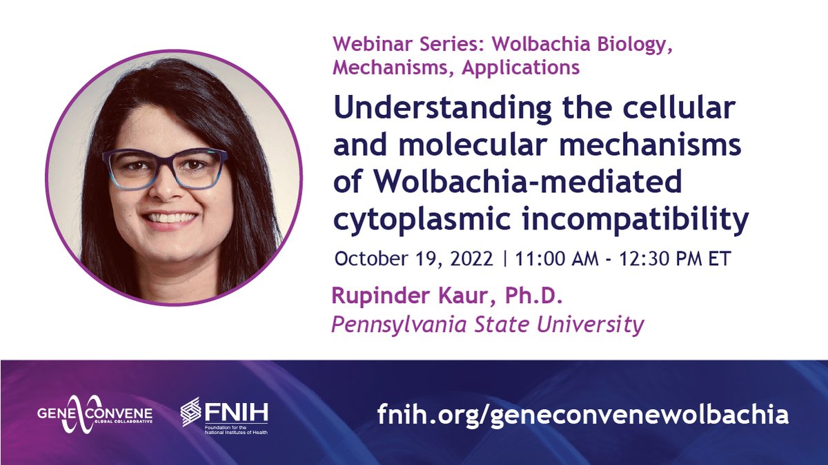 Next week: @Penn_State's Dr. Rupinder Kaur (@KaurTweets) joins us on Wed, Oct 19 @ 11 AM ET to discuss the cellular and molecular mechanisms of Wolbachia-mediated cytoplasmic incompatibility. Sign up now: fnih.org/geneconvenewol…