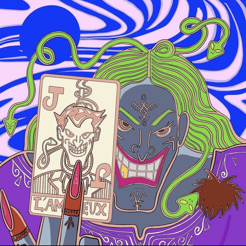 She felt in love with you, but you walk away
You messed with the wrong one
The witch’s got her #joker
Bim Bam Boum here you are… ready to give her your life with a smile
What kind of witchcraft is this
It will remain a mystery

#DigitalArtist #tribal #tattoo #manga #NFTartists