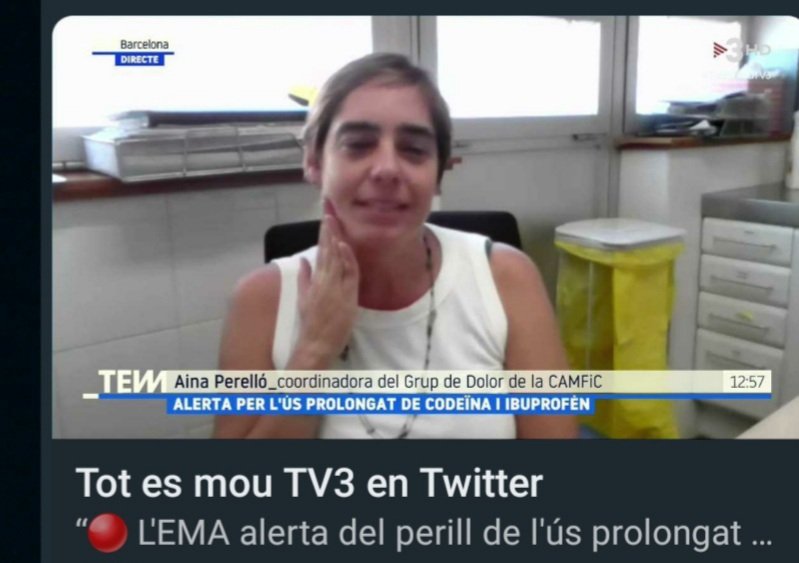 tradopcamfic's tweet photo. @aperebrat metgessa de família, doctora i coordinadora del GdT #TraDoPCAMFiC ha parlat a @totesmoutv3 sobre efectes secundaris greus al combina l’ùs perllongat d’analgèsics (ibuprofè i codeïna) sense prescripció mèdica arran d'una alerta de l'Agència Europea del Medicament https://t.co/jxQ6oIWu2D