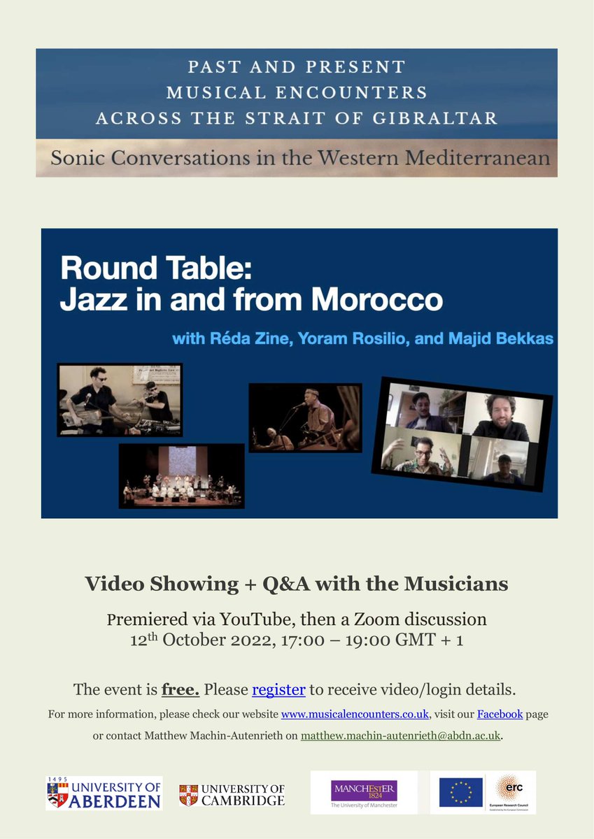 MESGCambridge's tweet photo. Join us for our next online event. On the 12th October at 17:00, we will be screening the round table 'Jazz in and from Morocco', followed by a Q&amp;A with the musicians via Zoom. Register for free here: https://t.co/21SCzPV7XV https://t.co/aPYqQhdioB