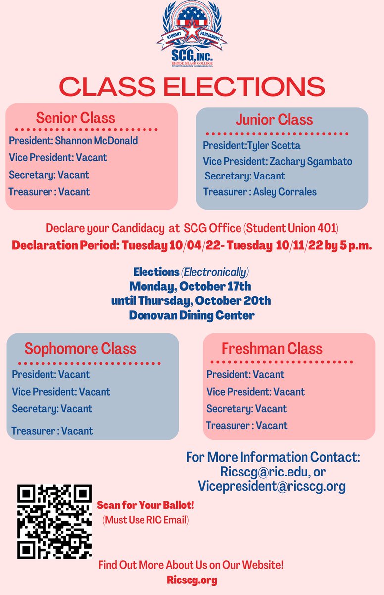 scgric's tweet photo. REMINDER! ⏰⏰⏰
CLASS OFFICER DECLARATION IS NOW OPEN!
Come up to the SCG office in Student Union 401 to declare your candidacy for an available seat!
Class Standing Credit Requirements:
- Senior: 90-120
- Junior: 60-89
- Sophomore: 30-59
- Freshman: 0-29
#RICSCG #ClassOfficers https://t.co/Xcz3VBzovo