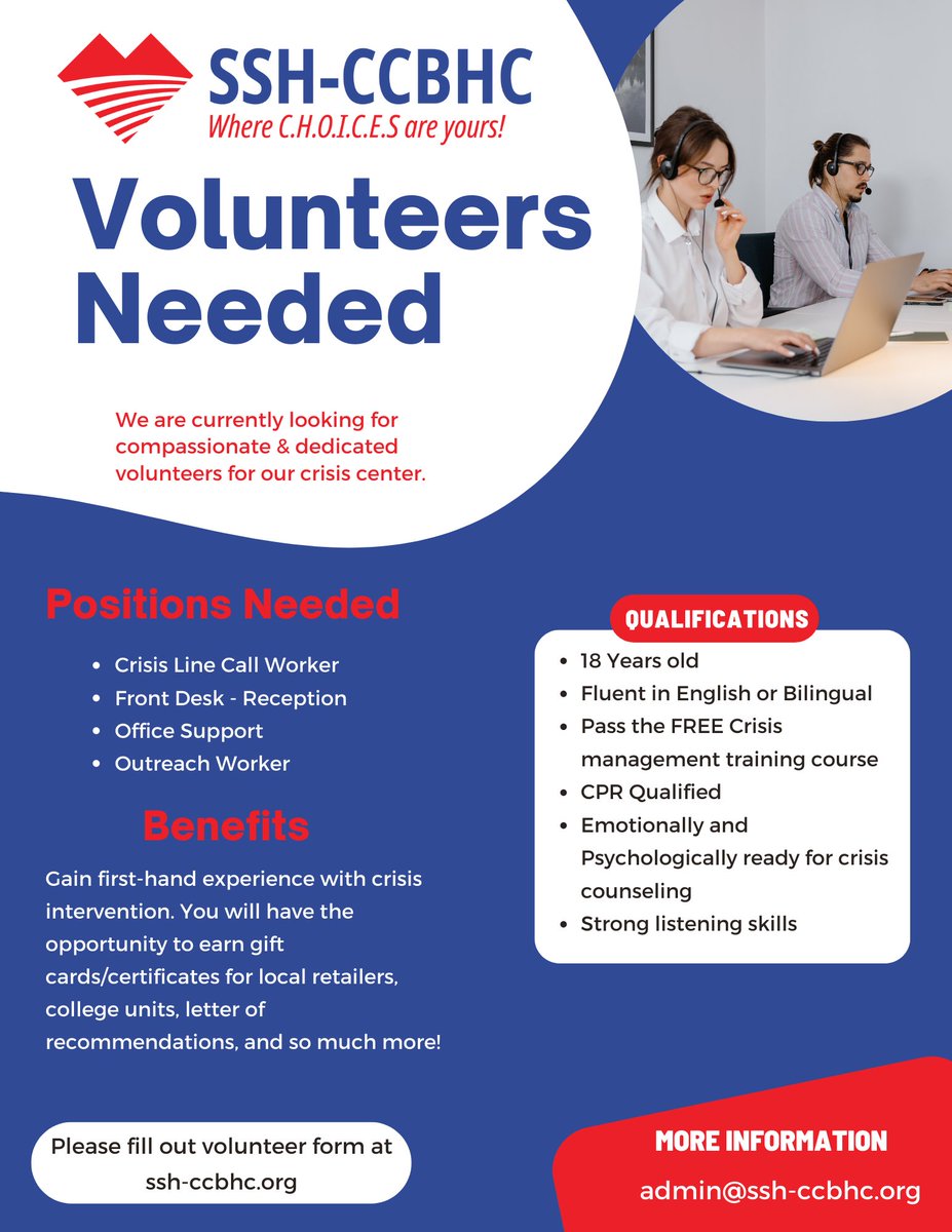 SilverStHealth's tweet image. One of our divisions are looking for volunteers that are interested in crisis intervention. Contact them today to find out more information! #crisis #crisisintervention #crisiscallcenter