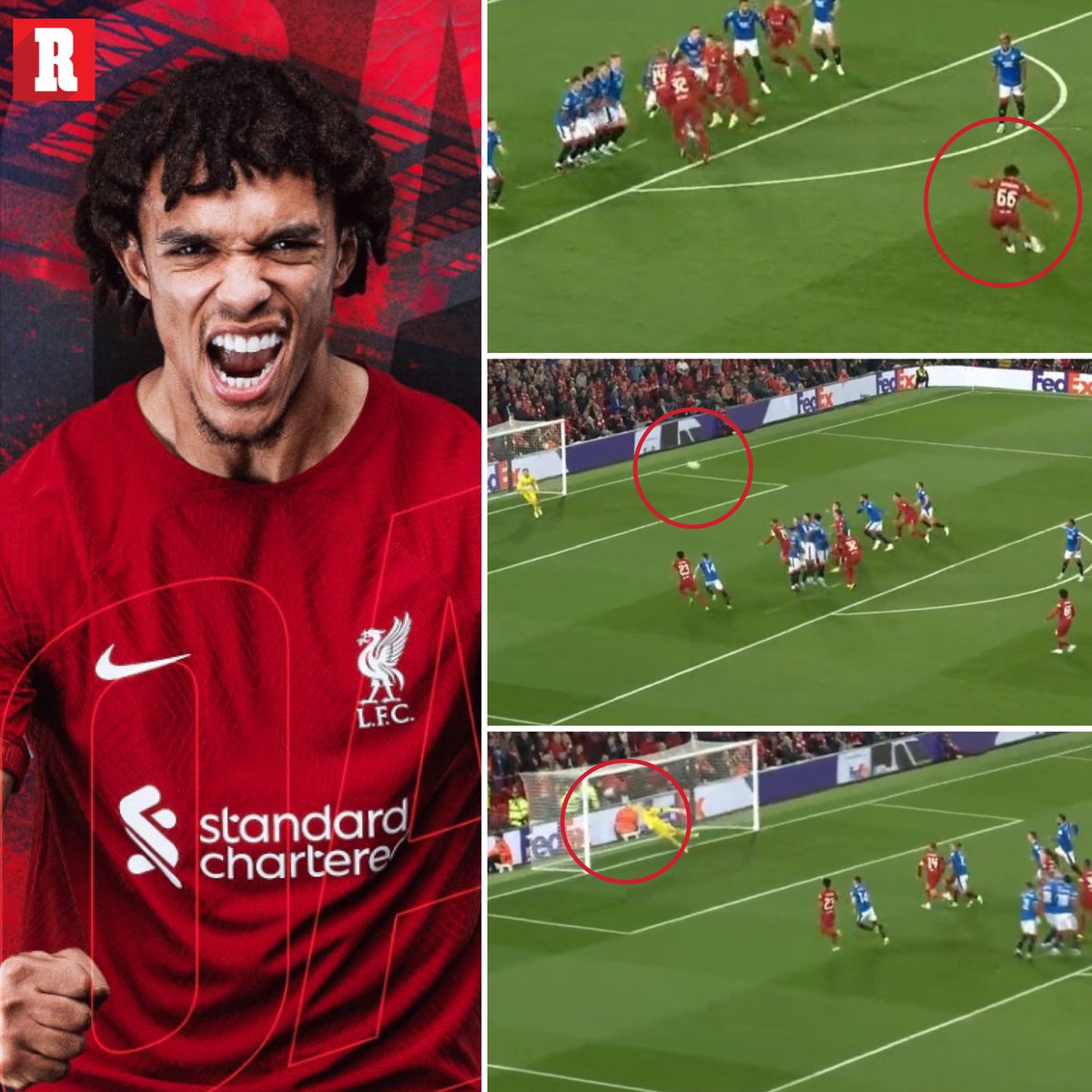 record_mexico's tweet photo. QUÉ GOLAZO 🤯

De tiro libre Trent - Alexander Arnold le pegó perfecto al balón que pasó sin problemas la barrera del Rangers y así es como ya puso al Liverpool al frente en Anfield.

📸: @LFC 

https://t.co/aQ67iUkiMm https://t.co/0Dydlfcz4C