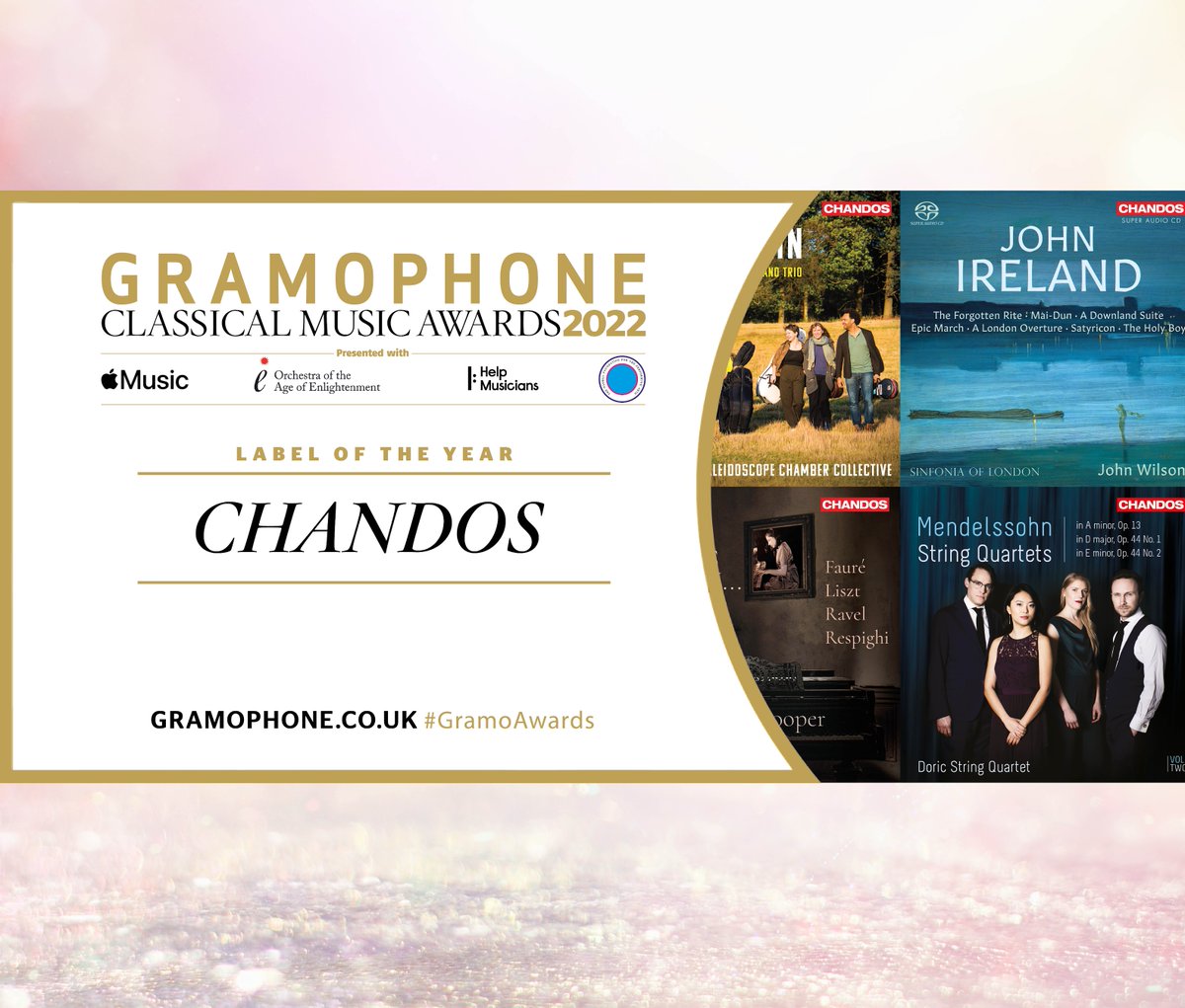 ChandosRecords's tweet photo. We are extremely honoured to have been awarded Label of the Year at The Gramophone Awards 2022! 🎉🥂

Thank you @GramophoneMag and congratulations to all tonight’s winners 👍🎶 #gramoawards https://t.co/ejWr5sVJDS