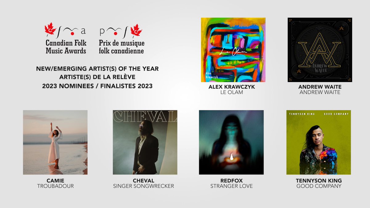 New/Emerging Artist(s) of the Year / Artiste(s) de la relève de l’année
 
Alex Krawczyk, Le Olam
<a href="/waitemusic/">Andrew Waite</a>, Andrew Waite
<a href="/thecamiliad/">Camille Intson</a>, troubadour
Cheval, Singer Songwrecker
RedFox, Stranger Love
<a href="/TennysonKing/">Tennyson King</a>, Good Company