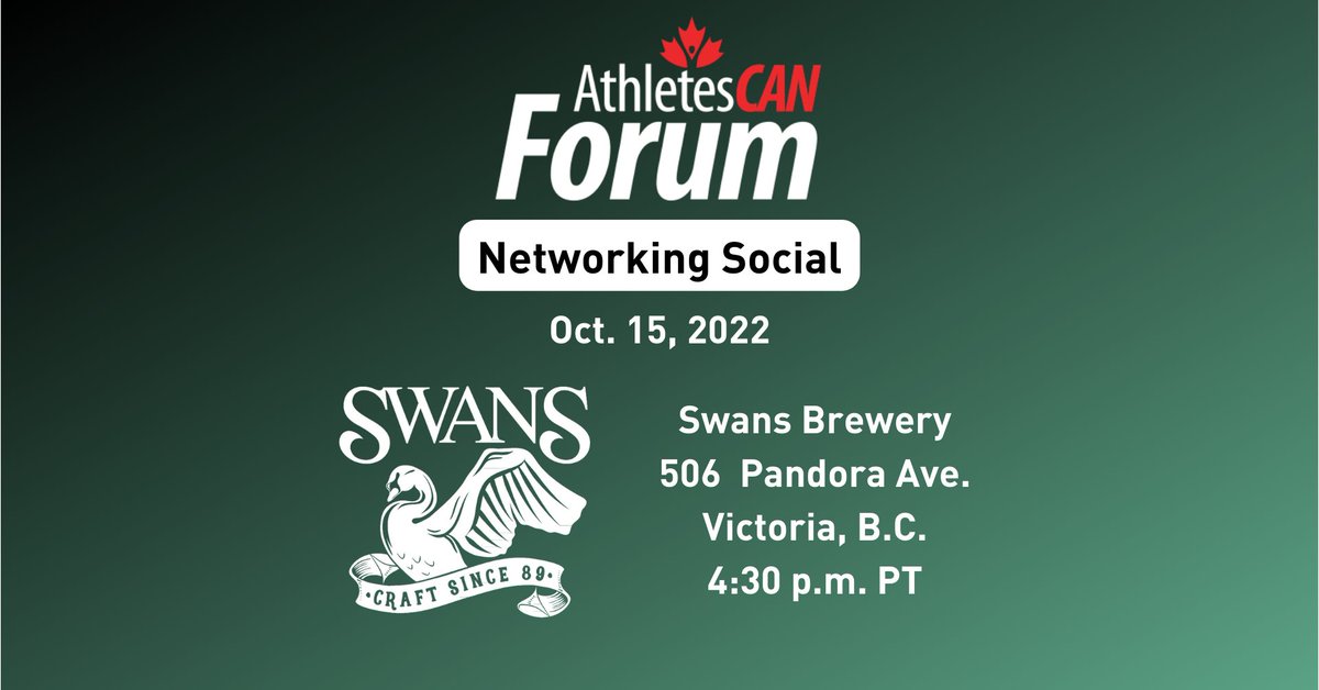 We are also hosting networking socials during Forum on Saturday, Oct. 15. Starting on the west coast, join us and your fellow athletes at Swans Brewery in Victoria! 

➡️bit.ly/3C4FGFT

Additional cities and venues to be announced. 

#AthleteVoice
