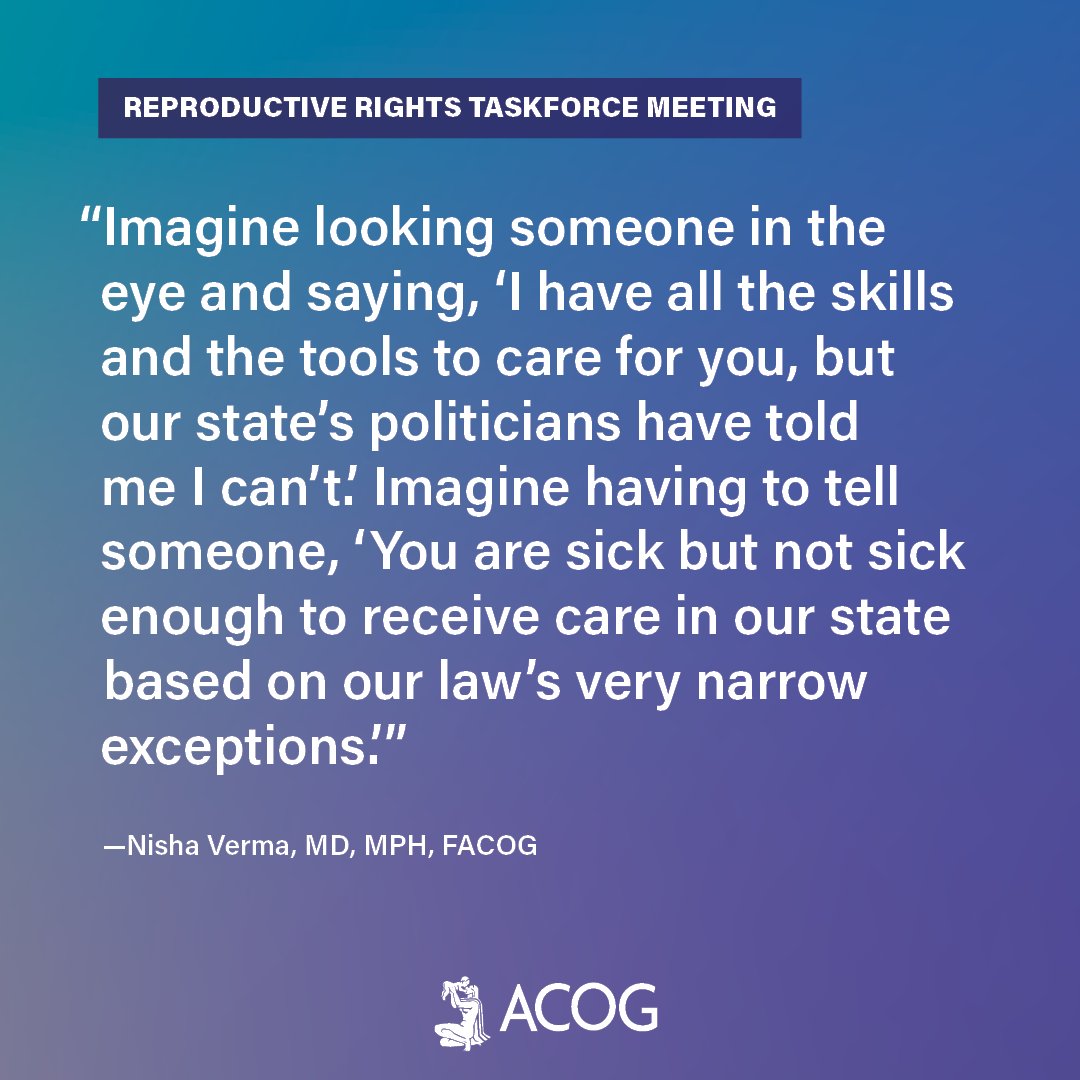 acog's tweet photo. “Because of a law that is not based in medicine or science, I am forced to turn away patients that I know how to care for.” —@NishaVermaMD, MD, MPH, FACOG 
Doctors want to provide #abortion care, but face legal restrictions. 
Tune in: https://t.co/Ye6S6eHwgA #AbortionIsHealthCare https://t.co/bSAjNNBOgn