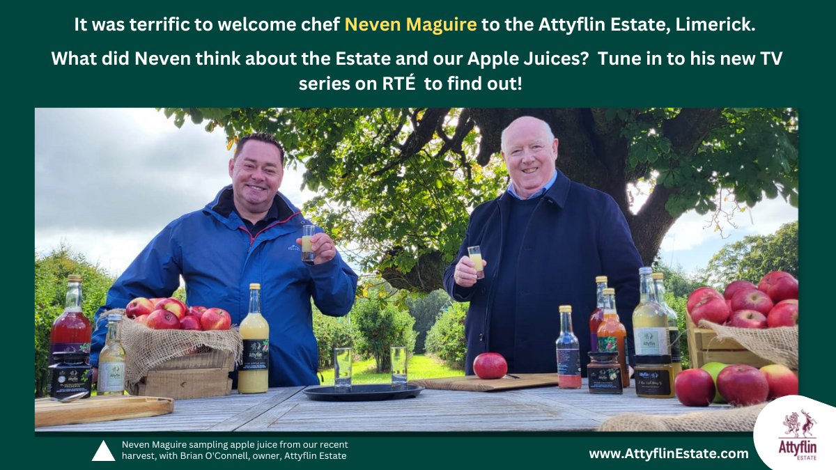 attyflinestate's tweet photo. It was terrific to welcome chef Neven Maguire to the Attyflin Estate, Limerick. He learned about our ambitions and sampled apple juices from our recent harvest - all filmed as part of his new forthcoming Greenways TV series on RTÉ. We will let you know when the programme airs. https://t.co/sVSSyJNw0L