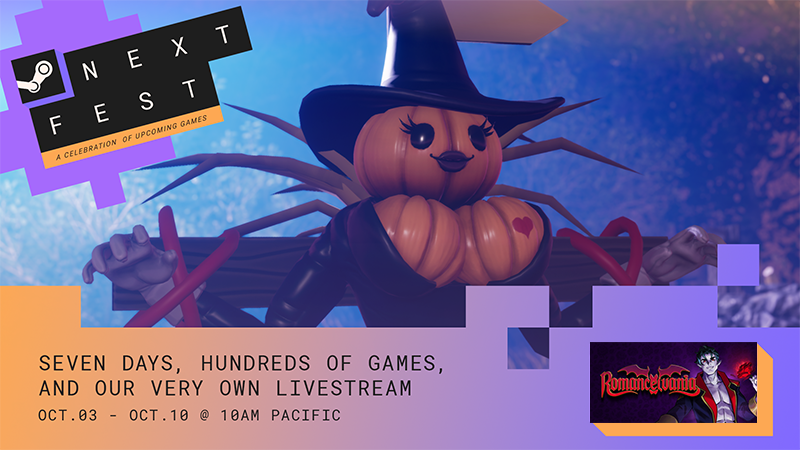 2124Publishing's tweet photo. Hi! We’re hosting a LIVE Romancelvania demo showcase and developer Q&amp;A later this week on #SteamNextFest - What are some burning questions you have for the team? 

Set a reminder to join (wishlist!): https://t.co/qRYcaOhoei https://t.co/O8ehVhAT7O