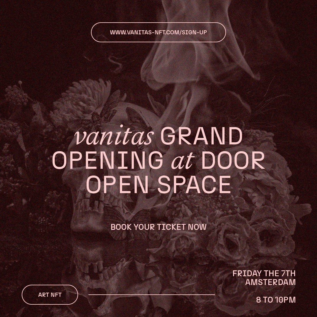 vanitas_nft's tweet photo. We’re oh so close to our exhibition, this Friday!

With only a couple of seats left, it is now or never to reserve your physical seat… 

But, there are still an unlimited amount of digital seats available. link in bio!

https://t.co/Exp7FuCJ4Y https://t.co/V723f9468x