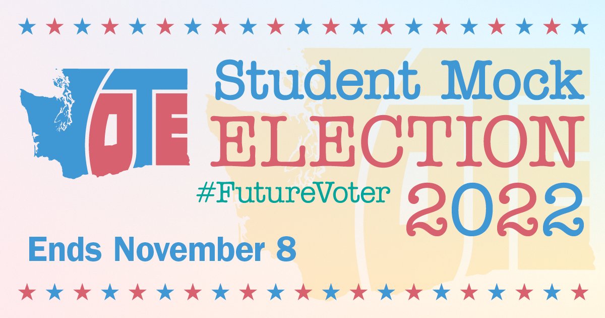 secstatewa's tweet photo. The 2022 Student Mock Election is now open! All K-12 students in Washington state are welcome to participate.

Visit https://t.co/unXX8jBUso for resources, such as “I Voted” stickers, mock ballots, voter guides, posters, and more. 

#WAedu #FutureVoter https://t.co/CYoAVI4jRK