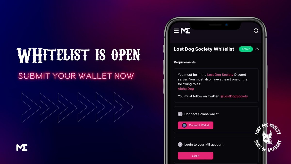 Whitelisted people can officially submit their SOL wallet address!

➡️ magiceden.io/drops/lost_dog… 

1 FREE NFT and 5 WL spots🎟️

Like | Retweet | Tag 3 Friends