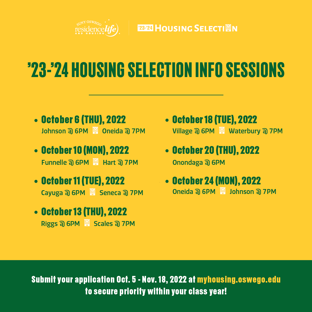 OswegoResLife's tweet photo. ⭐🌙How does Housing Selection Work? Attend an Info Session to find out!

For more information about the '23-'24 Housing Selection Process and to view the Housing Selection Info Session schedule, you can also visit https://t.co/HkISH2QhkI

#reslifeoswego #HousingSelection https://t.co/vSROZvbo5U