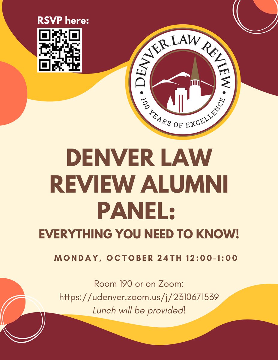 Are you a full-time 1L or part-time 1L/2L who is interested in writing on to Volume 101 of the Denver Law Review? Come to our Alumni Panel to learn everything you need to know! Spread the word and RSVP here: forms.gle/Ts4rNpF1pGrwss…