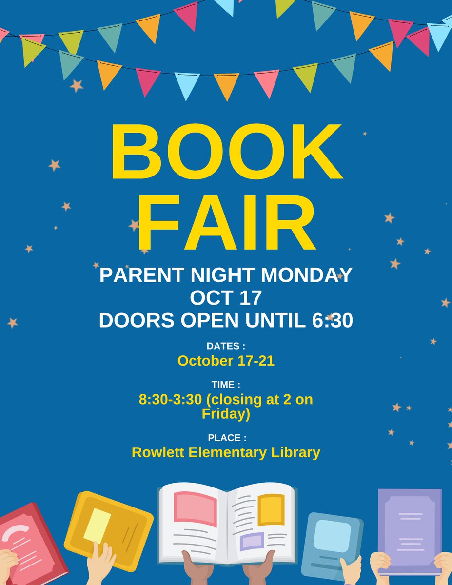 RowlettSpecials's tweet photo. October 17-21

Monday 8:30-6:30 (Parents come shop with your student after school!)
Tuesday - Thursday 8:30-3:30  
Friday 8:30-2:00

Students will shop during their library time! https://t.co/5ZcmHNGnHO